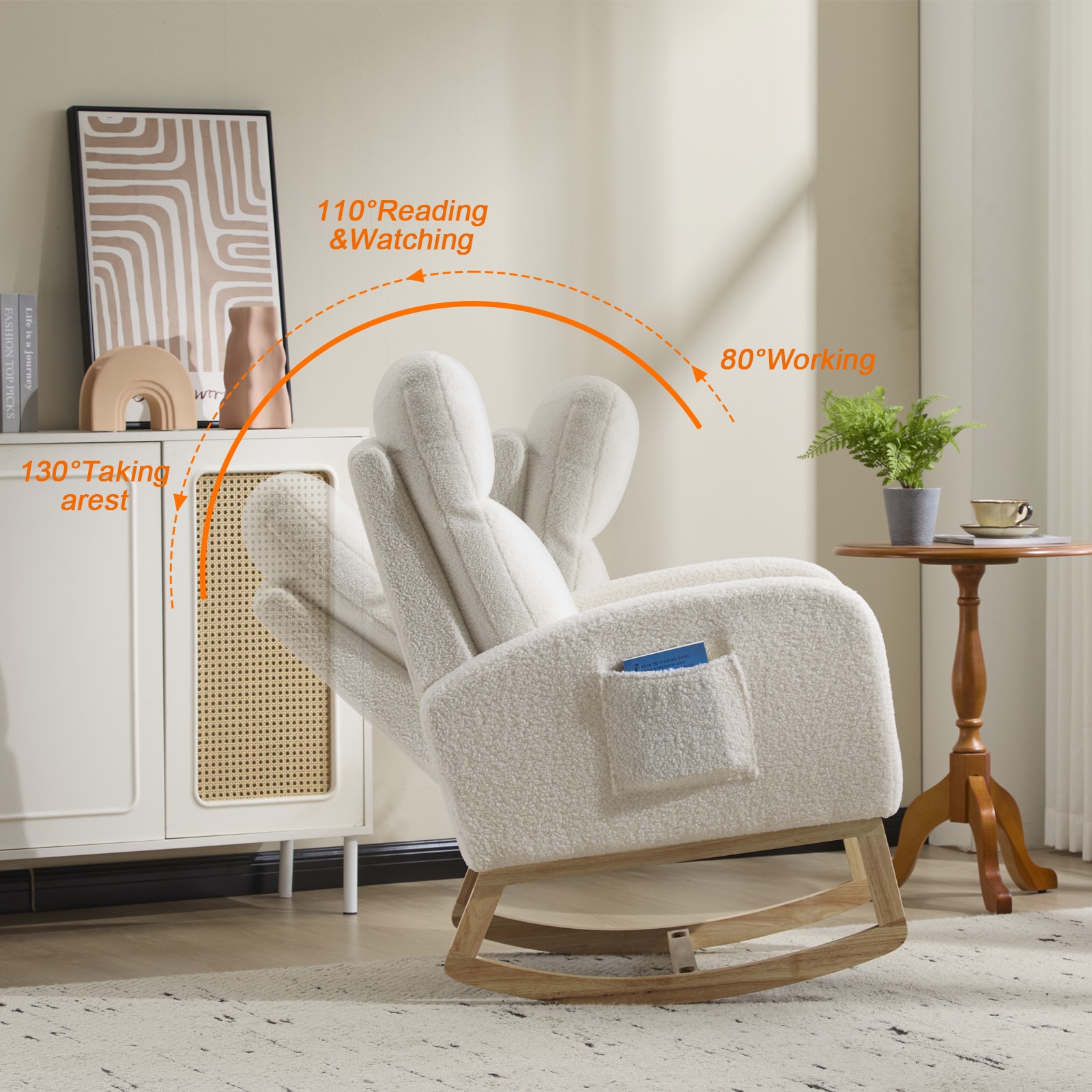 Modern Accent Rocking Chair Rocking Chair With Solid Wood Legs, Upholstered Nursery Glider Rocker, Comfy Armchair With Side Pocket, Living Room Lounge Arm Chair With High Backrest (White,teddy)_voghion.com